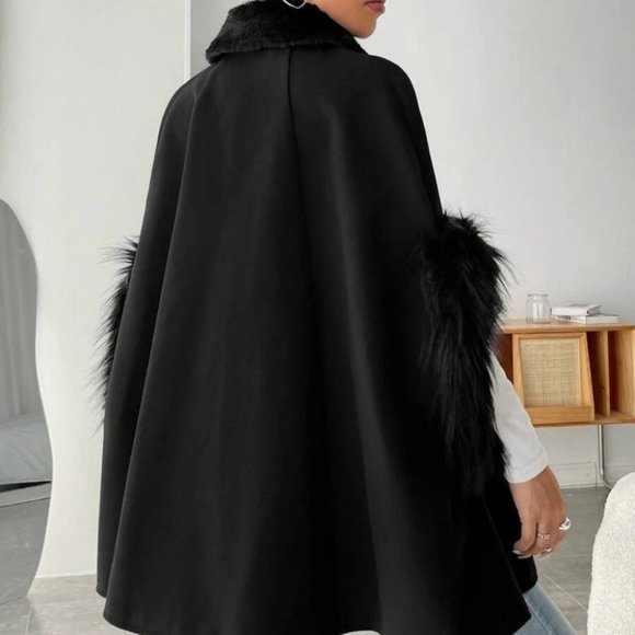 Faux fur Cuff Raglan Sleeve Borg Collar Black button down Overcoat Jacket - Picture 3 of 5